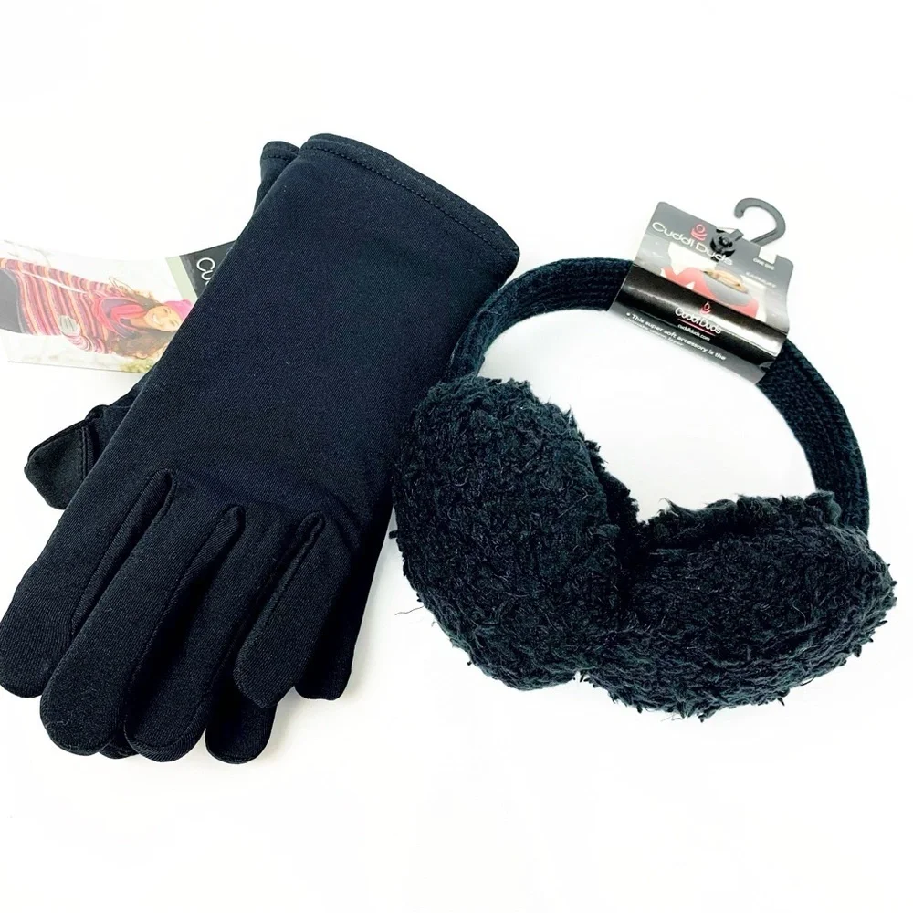 Cuddl Duds Black Glove & Ear Muff Set • Touchscreen Gloves • Winter Warm Bundle